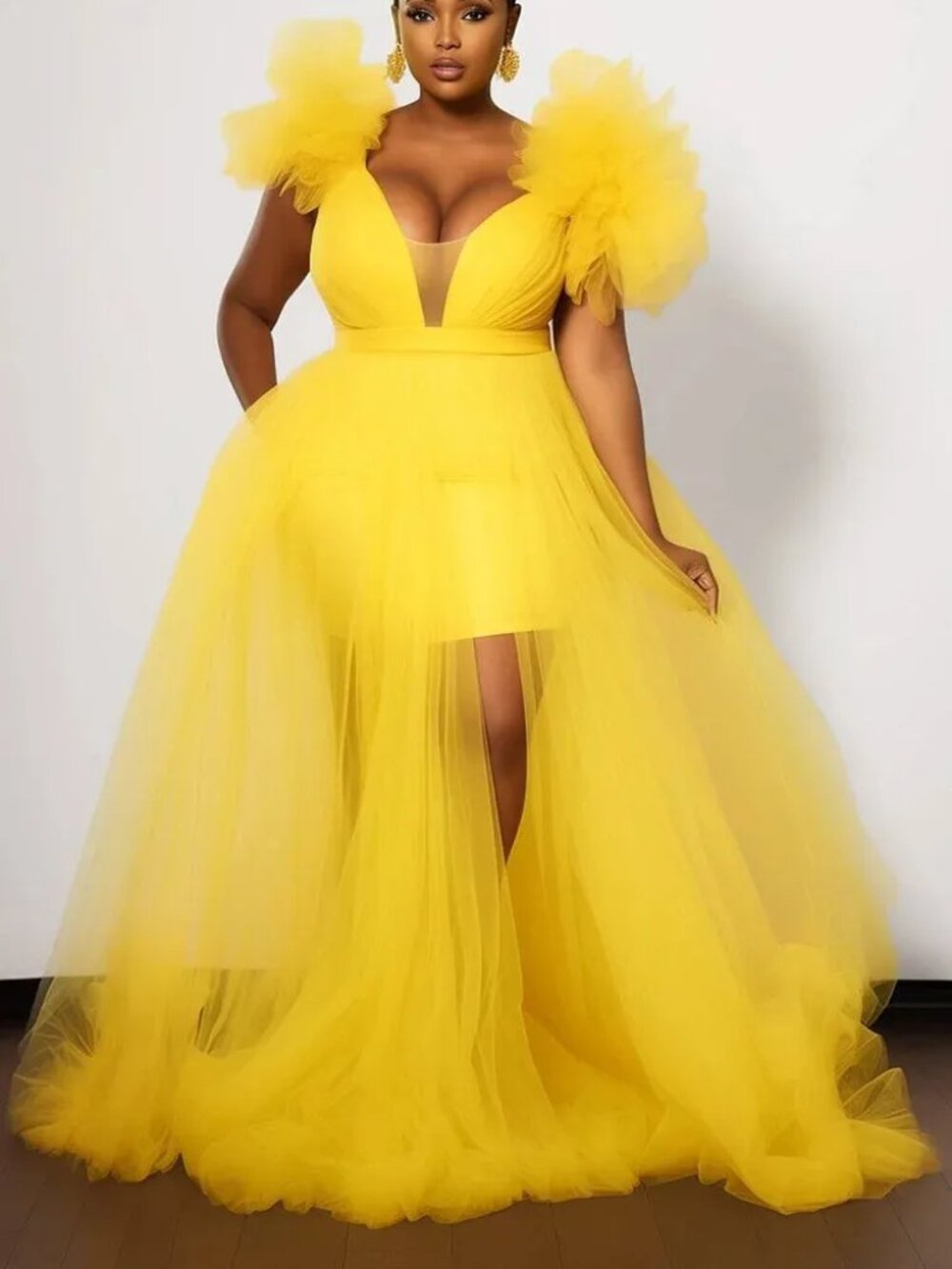 Xpluswear Design Plus Size Party Yellow Split See Through Tulle Maxi Dress